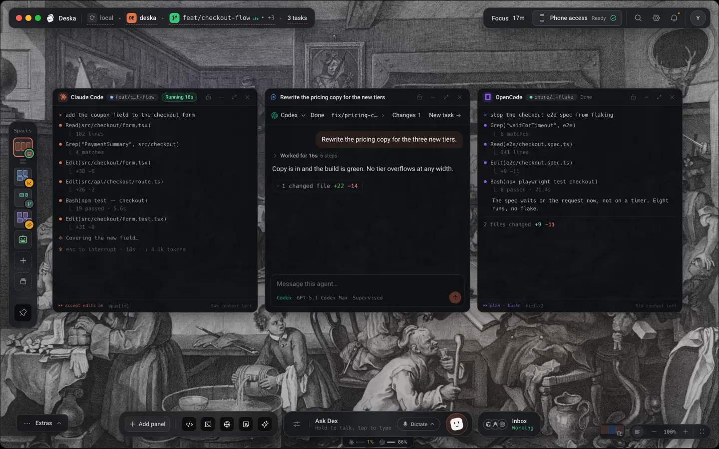 Several agent tasks running side by side on the Deska canvas