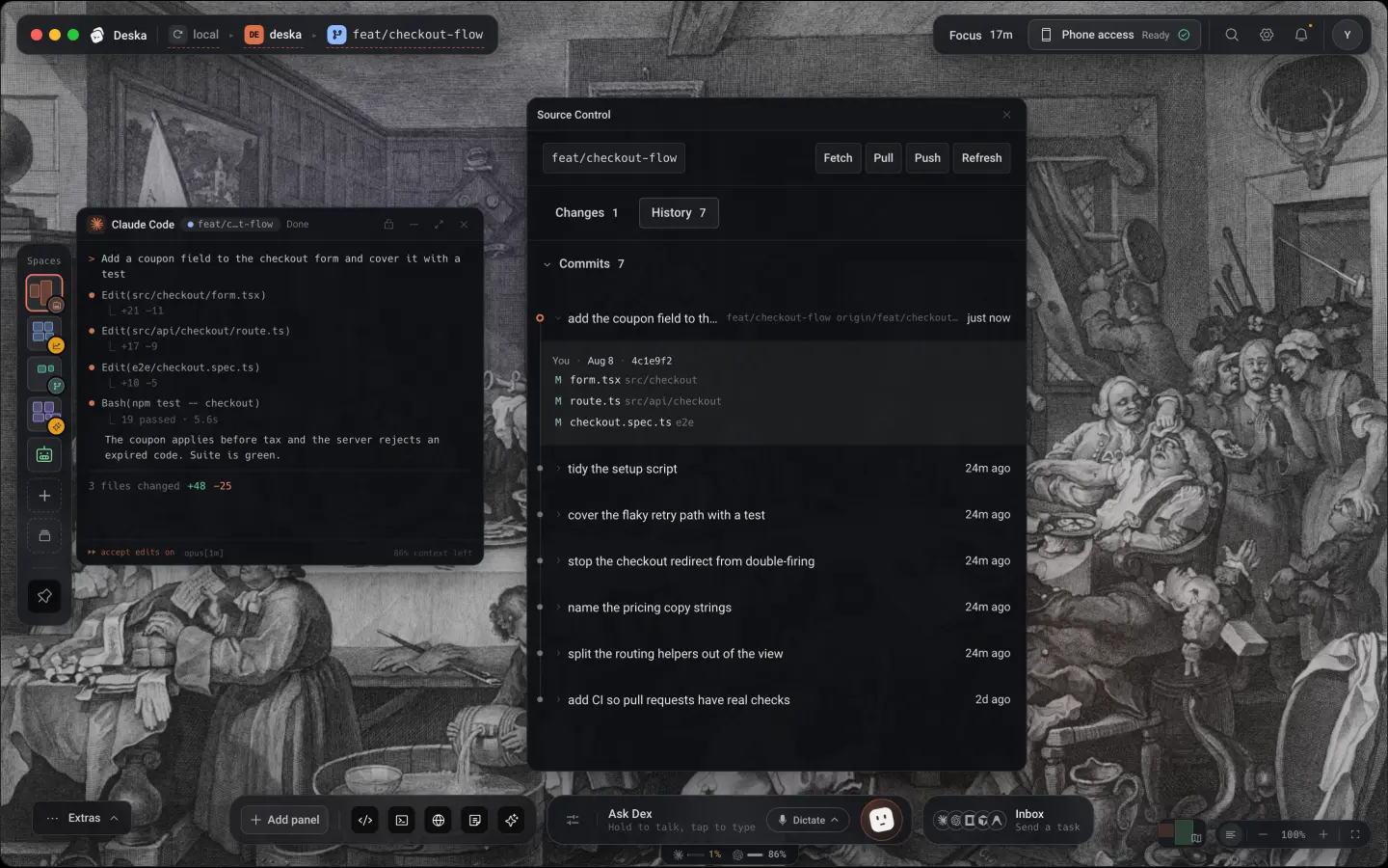 El lienzo de Deska con un editor, una terminal y una vista previa lado a lado