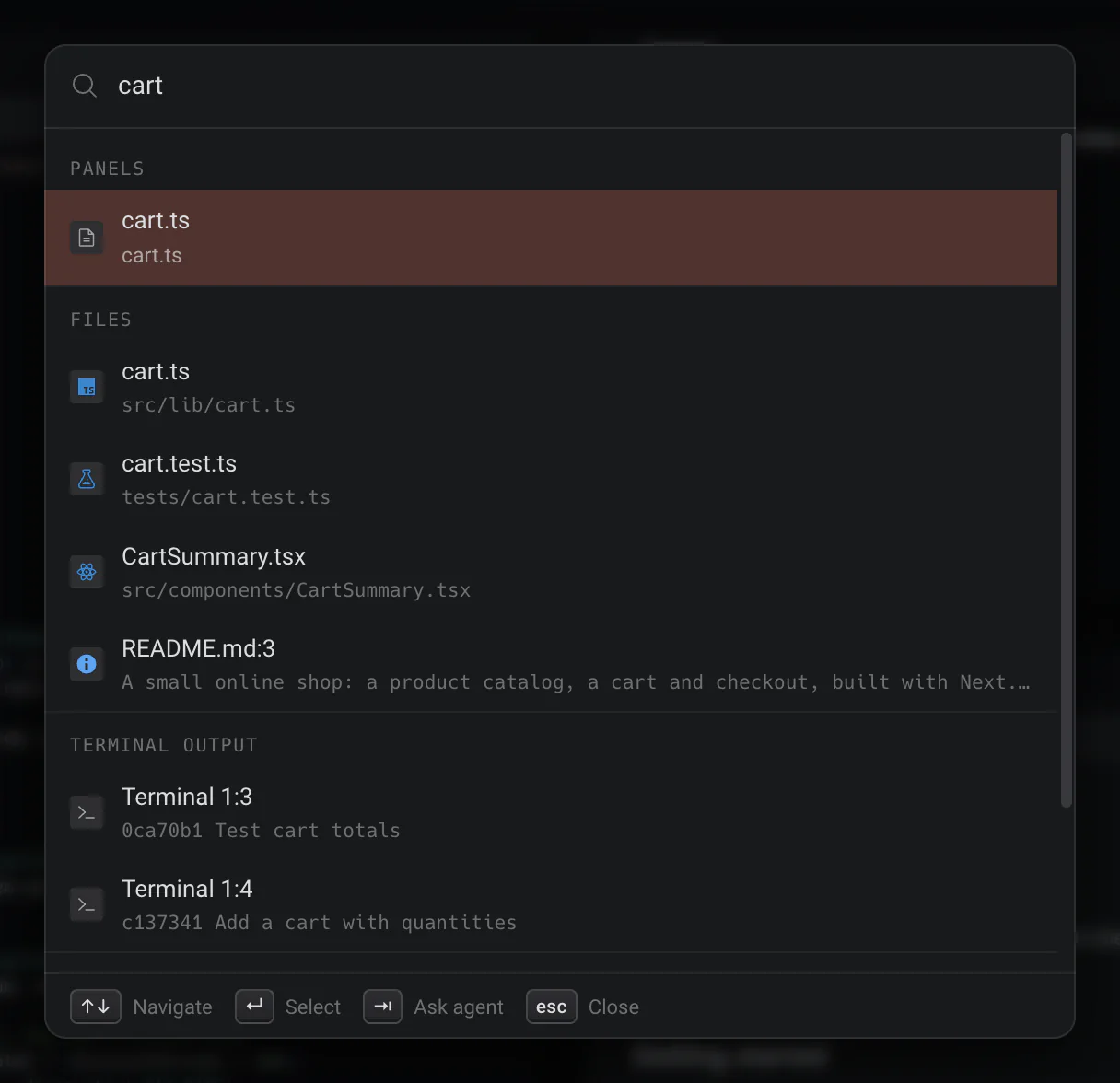 The Command Palette searching cart: an open editor panel, files with their paths, a README line and two lines of terminal output