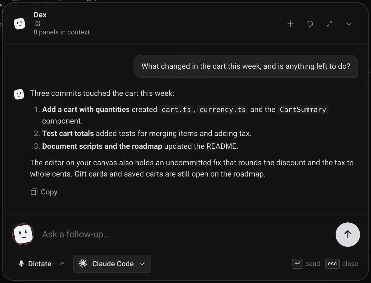 La tarjeta de Dex con una pregunta sobre qué cambió en el carrito esta semana y la respuesta de Dex con tres commits y un arreglo sin confirmar