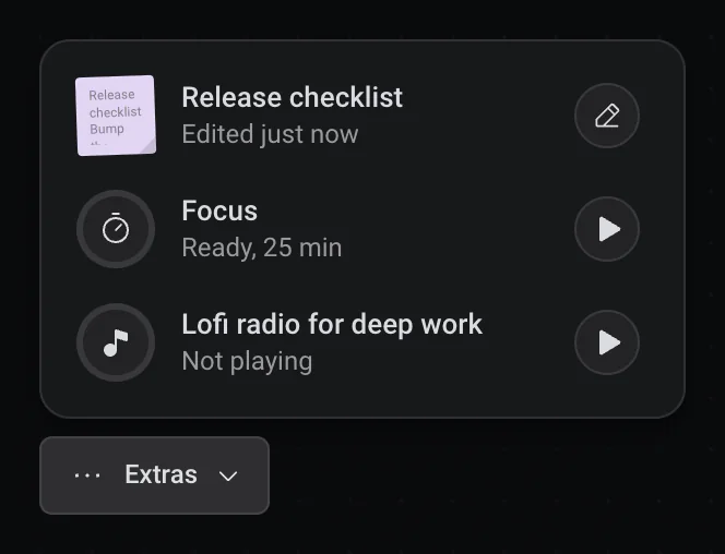 El panel Extras sobre su botón: Release checklist editada justo ahora, Focus listo para 25 minutos y una radio lofi sin sonar