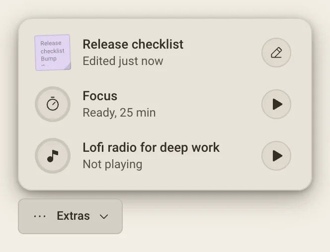 El panel Extras sobre su botón: Release checklist editada justo ahora, Focus listo para 25 minutos y una radio lofi sin sonar