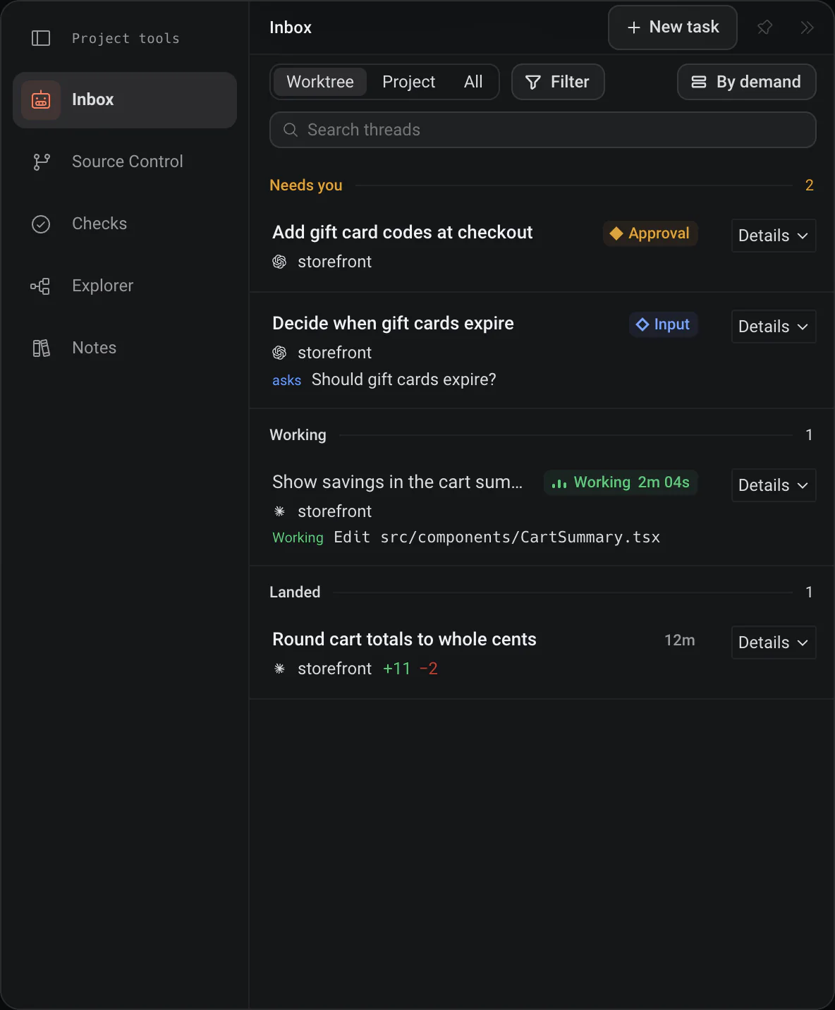 El Inbox del proyecto storefront: dos tareas en Needs you, una pidiendo una aprobación y otra haciendo una pregunta, una en Working y otra en Landed