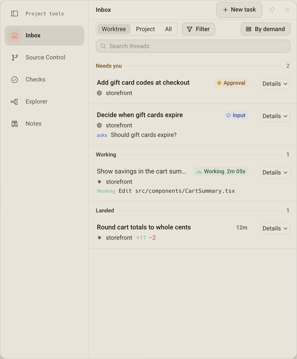 El Inbox del proyecto storefront: dos tareas en Needs you, una pidiendo una aprobación y otra haciendo una pregunta, una en Working y otra en Landed