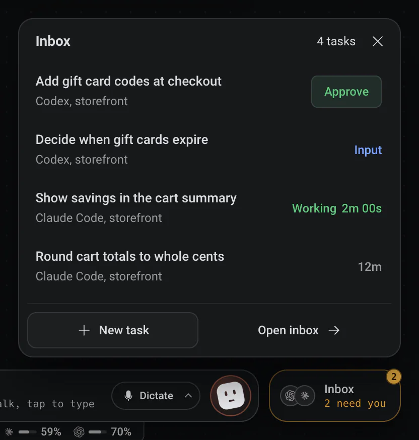 El panel del Inbox sobre su ficha: una tarea con Approve, otra pidiendo input, una trabajando y otra terminada, con New task y Open inbox