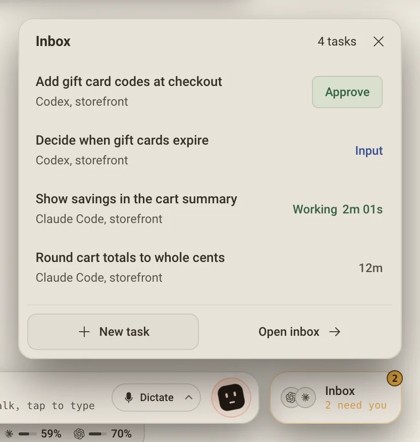 El panel del Inbox sobre su ficha: una tarea con Approve, otra pidiendo input, una trabajando y otra terminada, con New task y Open inbox
