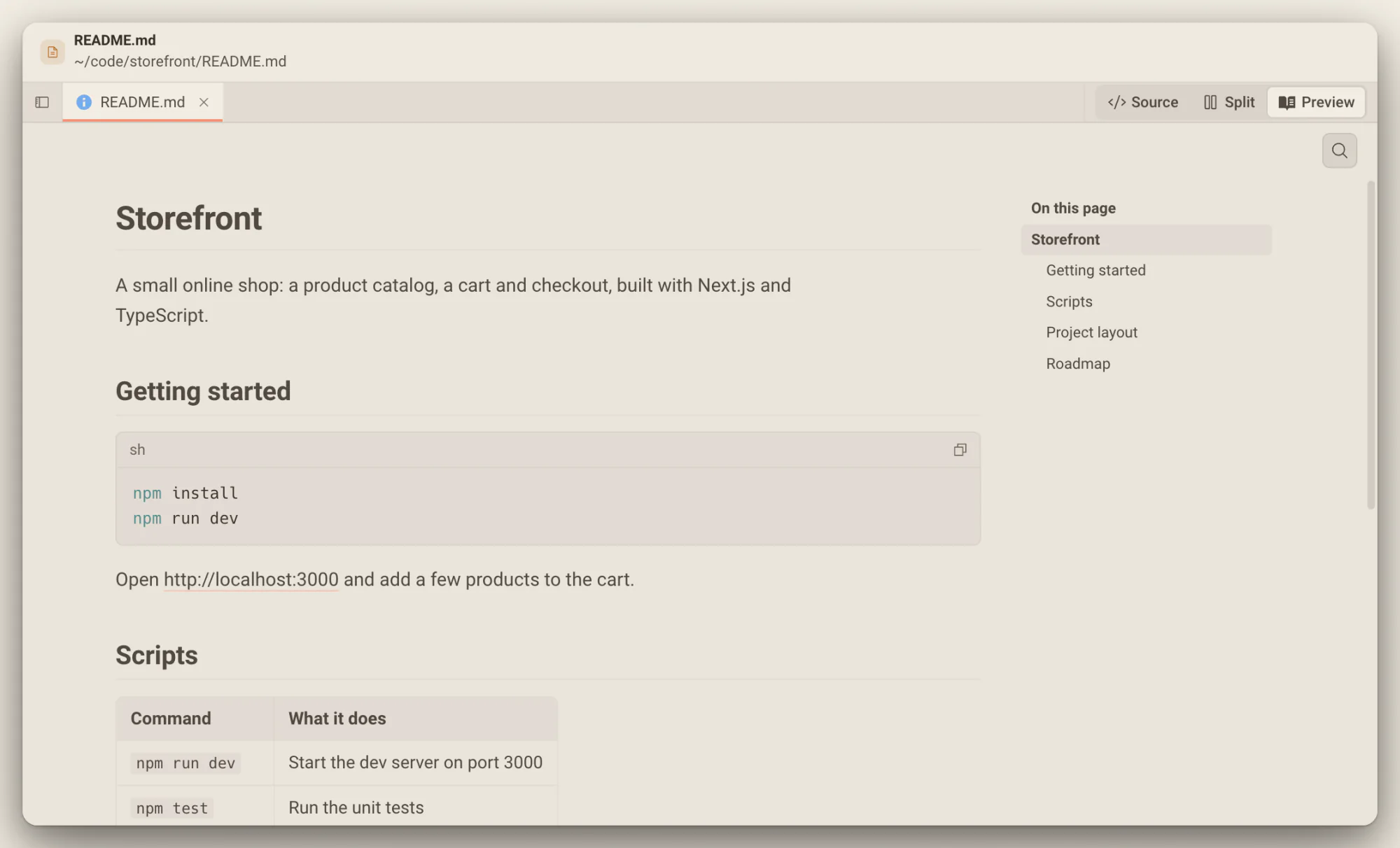 README.md abierto como página con el índice On this page, un bloque de código de shell y una tabla de scripts