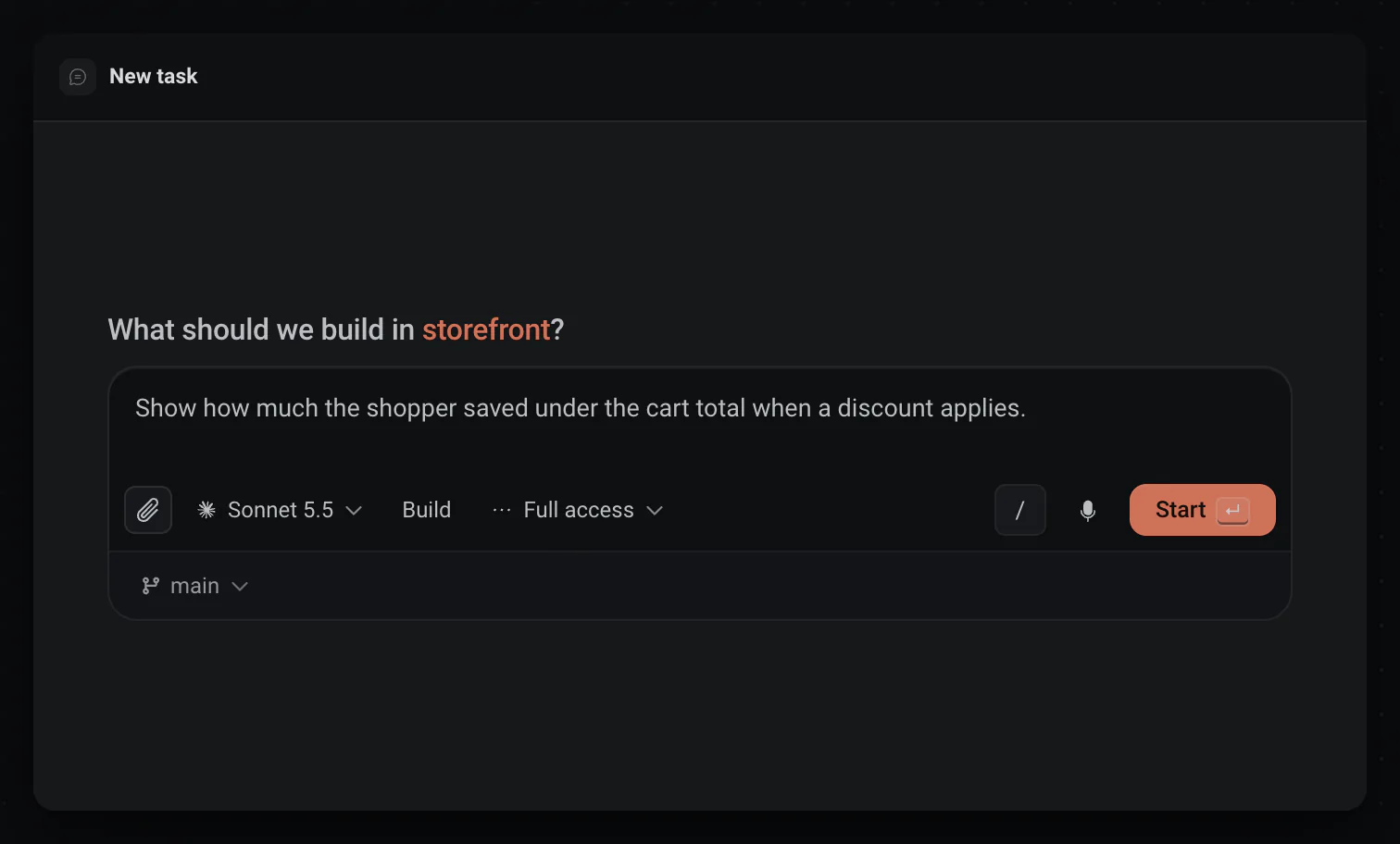 El compositor New task del proyecto storefront: el pedido, el modelo, Build, Full access, Start y la ficha de rama en main