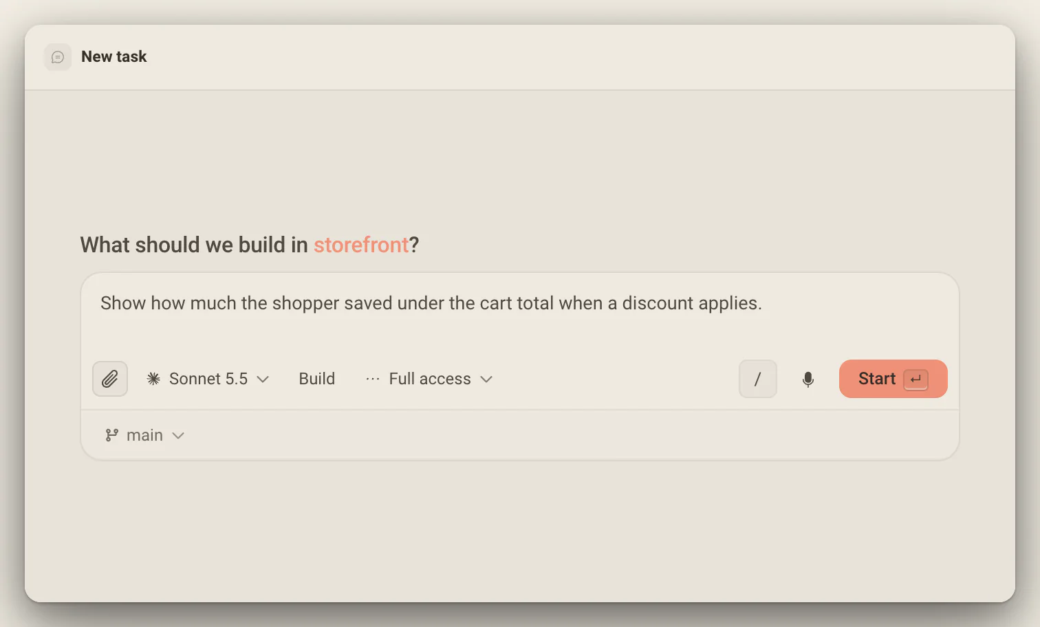 El compositor New task del proyecto storefront: el pedido, el modelo, Build, Full access, Start y la ficha de rama en main