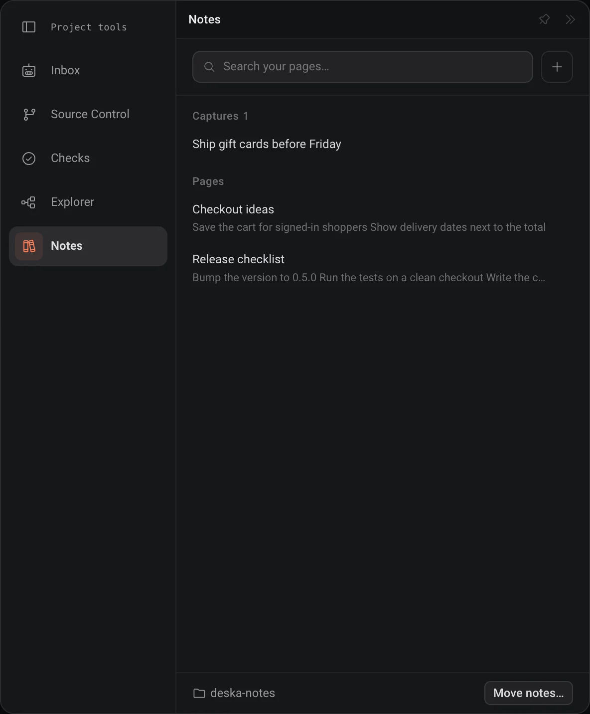 La página Notes en Project tools: una caja de búsqueda, un apunte, dos páginas con vista previa y la carpeta deska-notes con Move notes