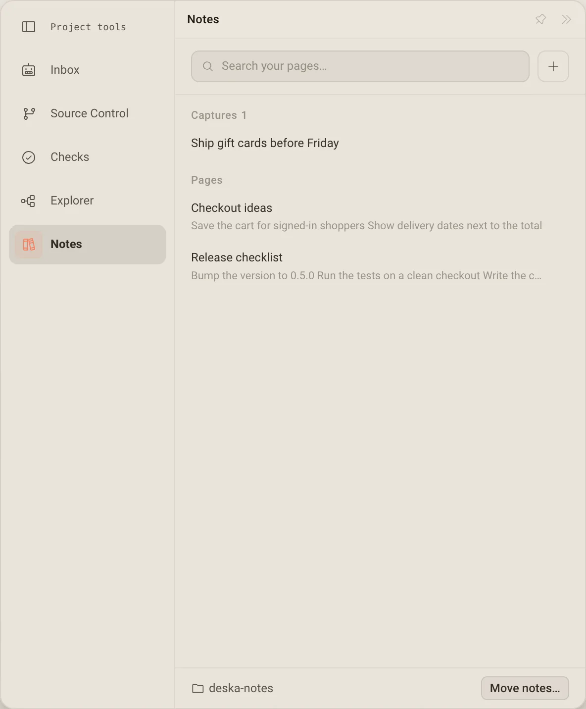 La página Notes en Project tools: una caja de búsqueda, un apunte, dos páginas con vista previa y la carpeta deska-notes con Move notes