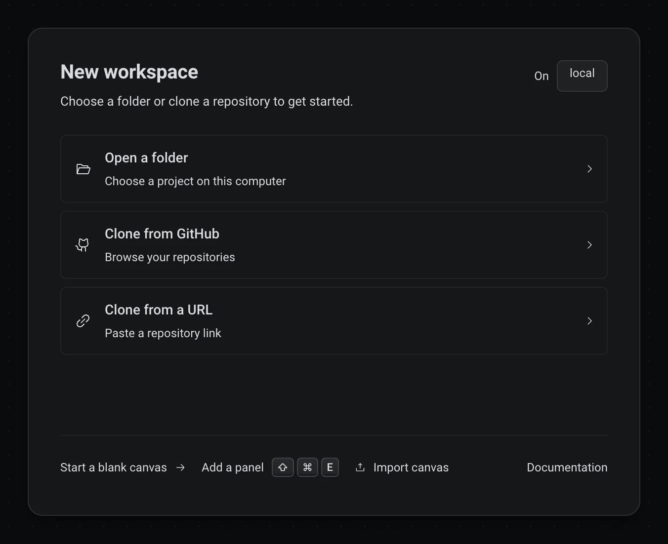 La tarjeta Nuevo espacio de trabajo con Abrir una carpeta, Clonar desde GitHub y Clonar desde una URL