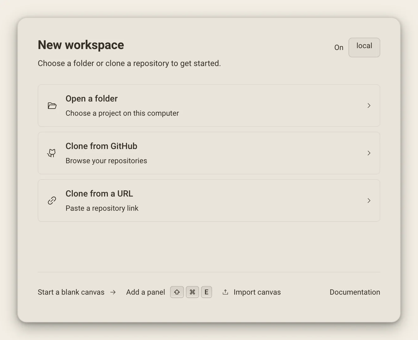 La tarjeta Nuevo espacio de trabajo con Abrir una carpeta, Clonar desde GitHub y Clonar desde una URL