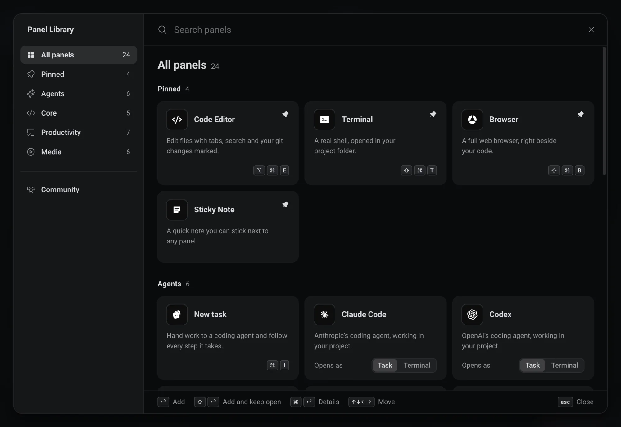 La Biblioteca de paneles: grupos a la izquierda, un cuadro de búsqueda y tarjetas de Editor de código, Terminal, Navegador y Nota adhesiva