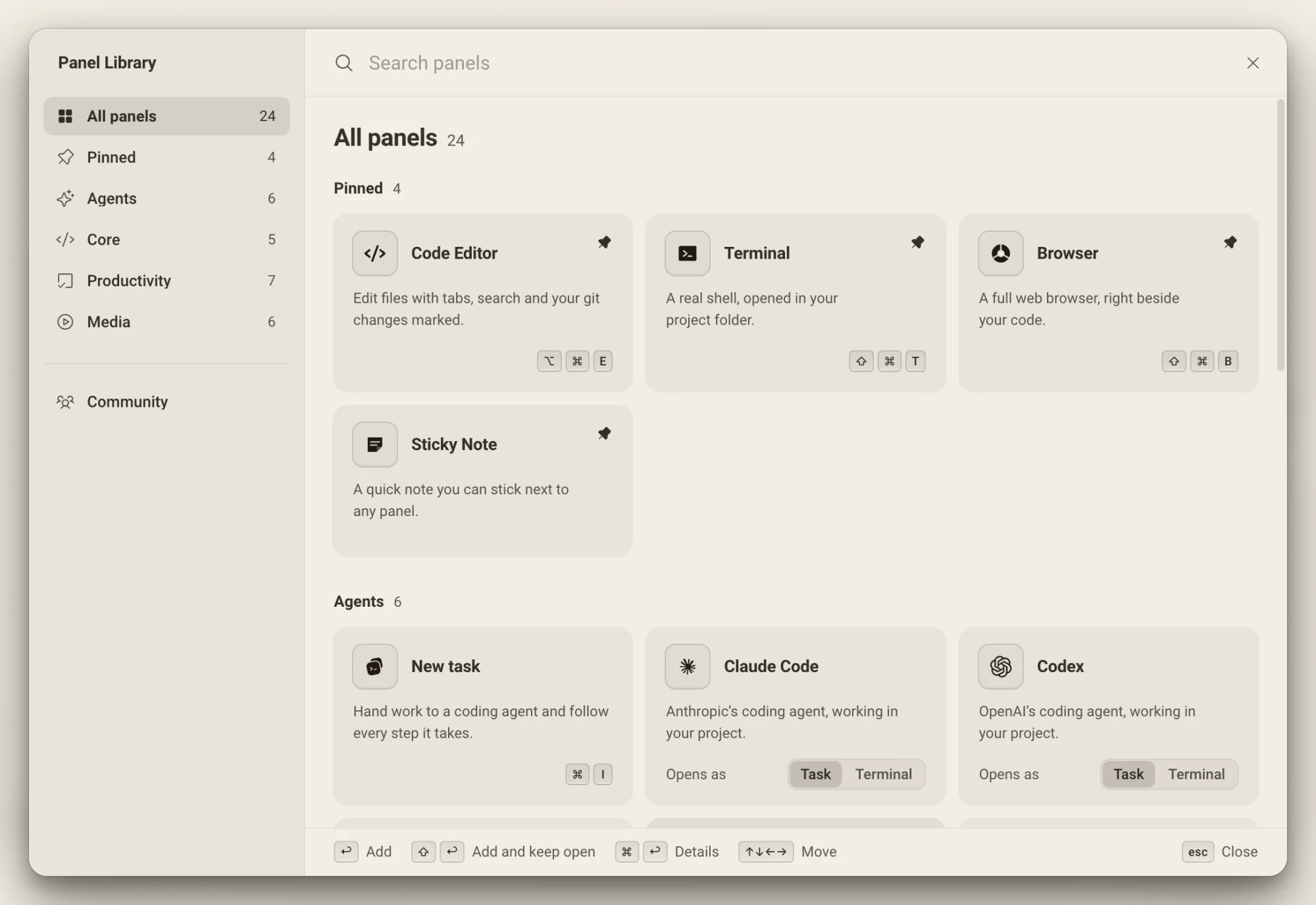 La Biblioteca de paneles: grupos a la izquierda, un cuadro de búsqueda y tarjetas de Editor de código, Terminal, Navegador y Nota adhesiva