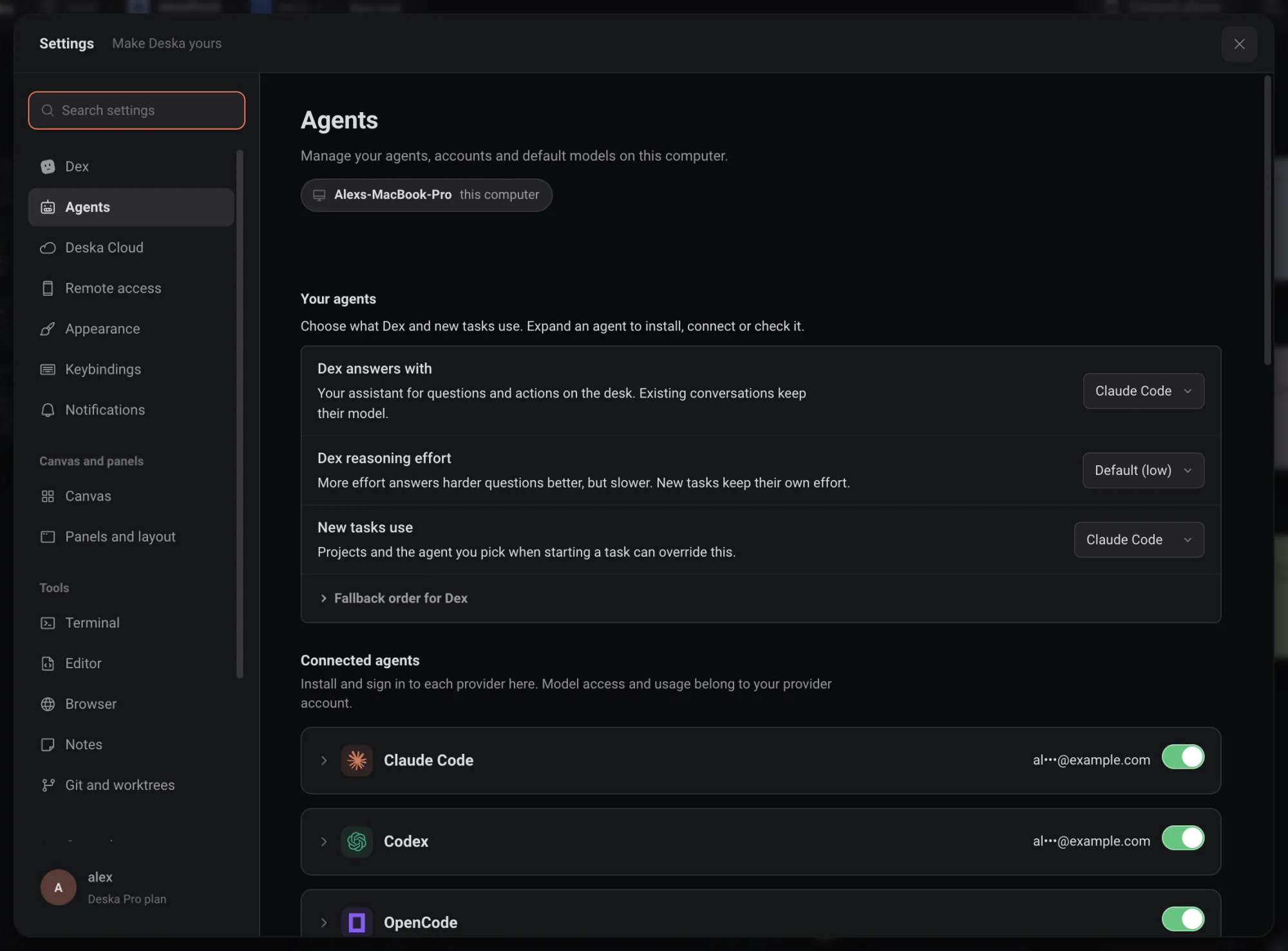 Settings, Agents, de esta computadora: con qué responde Dex, qué usan las tareas nuevas y los agentes conectados con sus cuentas