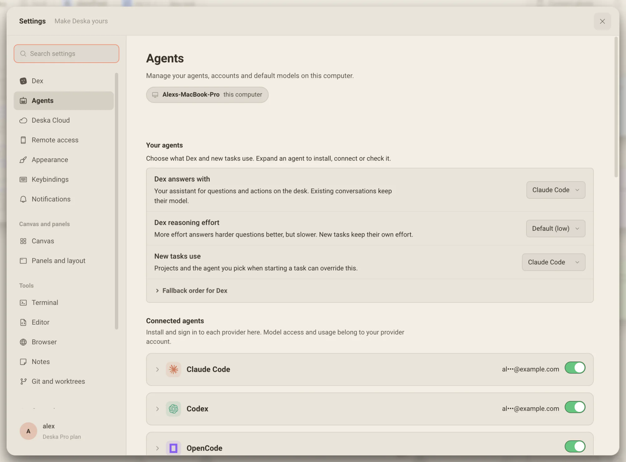 Settings, Agents, de esta computadora: con qué responde Dex, qué usan las tareas nuevas y los agentes conectados con sus cuentas
