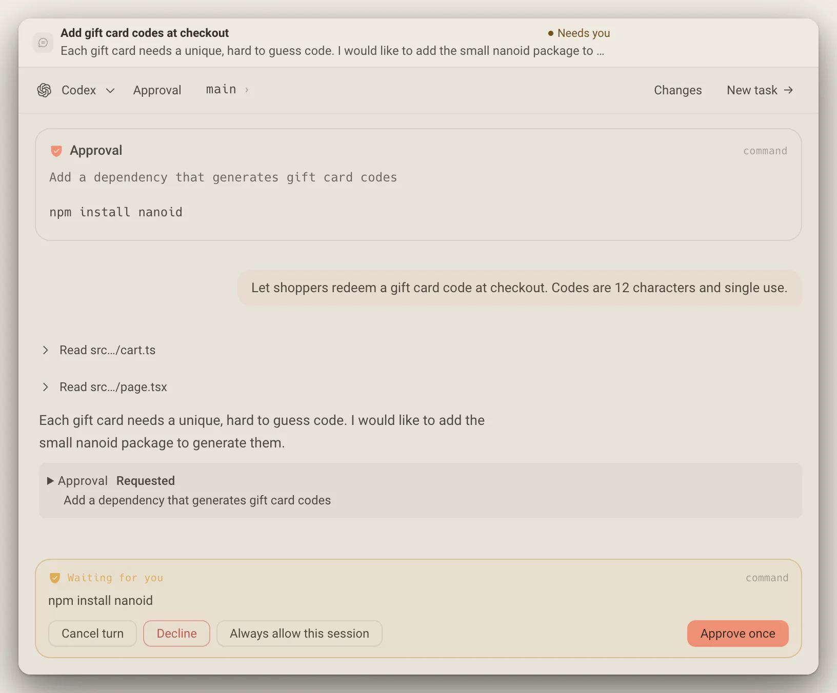 Una tarea de Codex esperando aprobación para correr npm install nanoid, con Cancel turn, Decline, Always allow this session y Approve once
