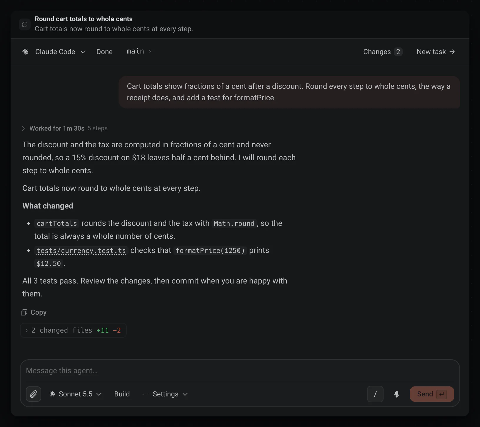 Una tarea de Claude Code en Deska con su respuesta y los archivos cambiados