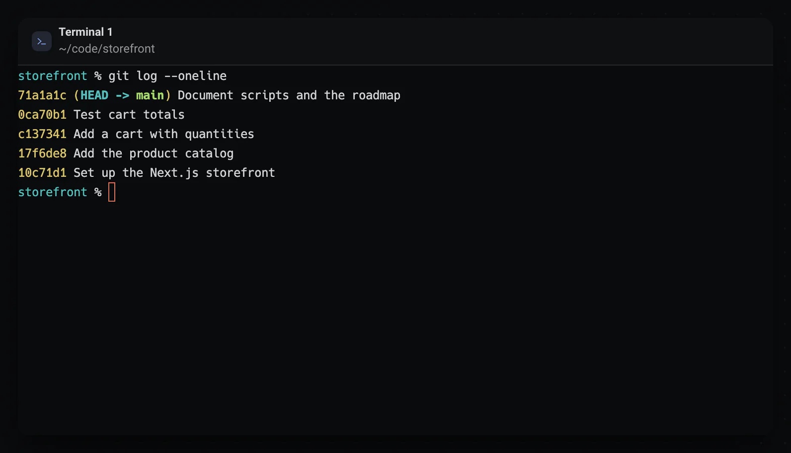 Un panel de terminal en un proyecto después de ejecutar git log --oneline