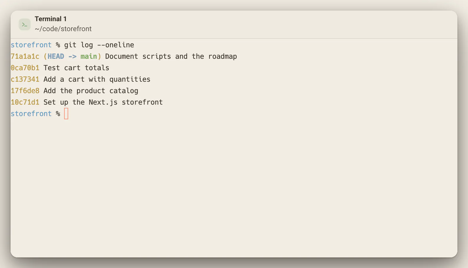 Un panel de terminal en un proyecto después de ejecutar git log --oneline