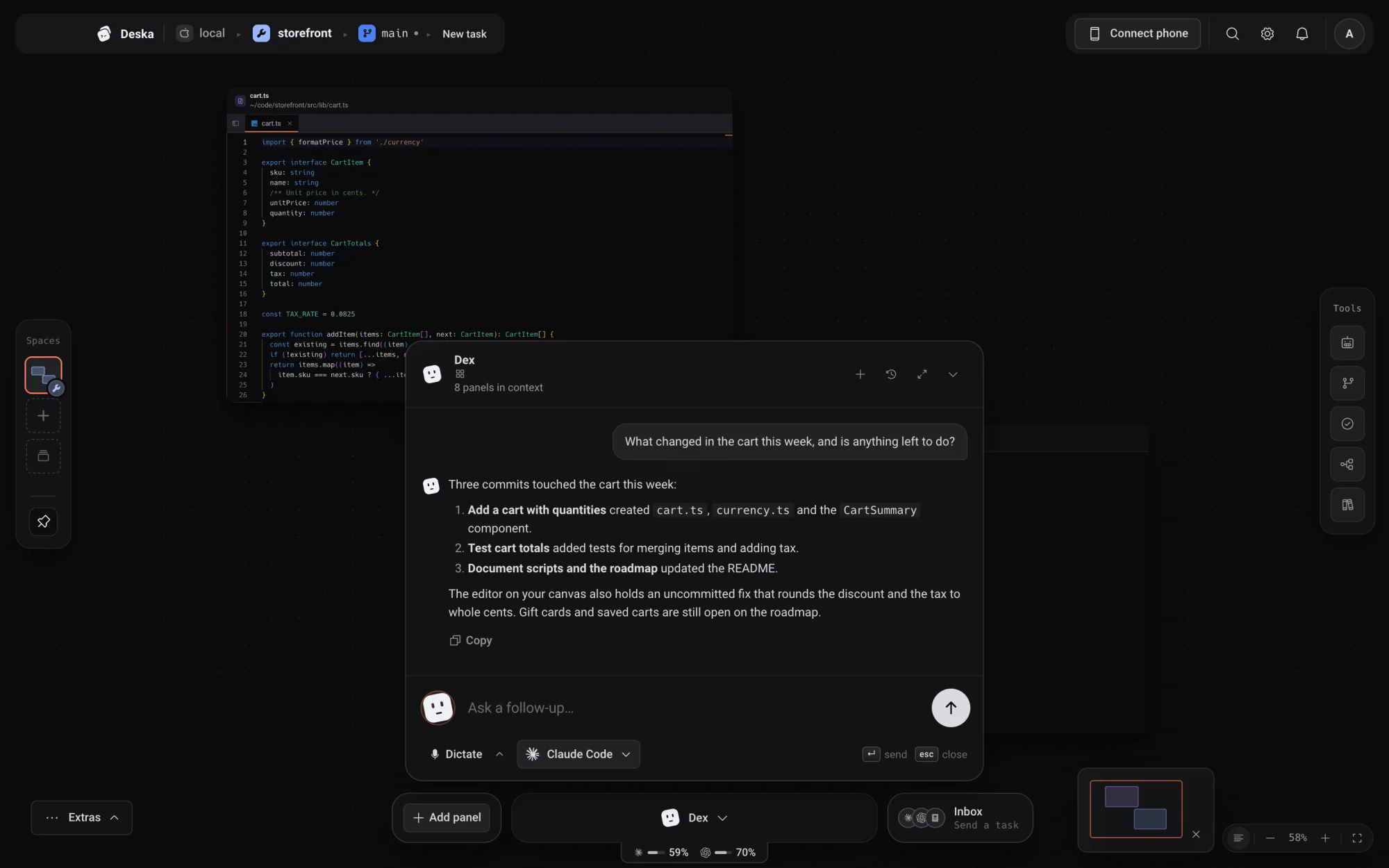 Dex answering a spoken question beside the code editor on the Deska canvas
