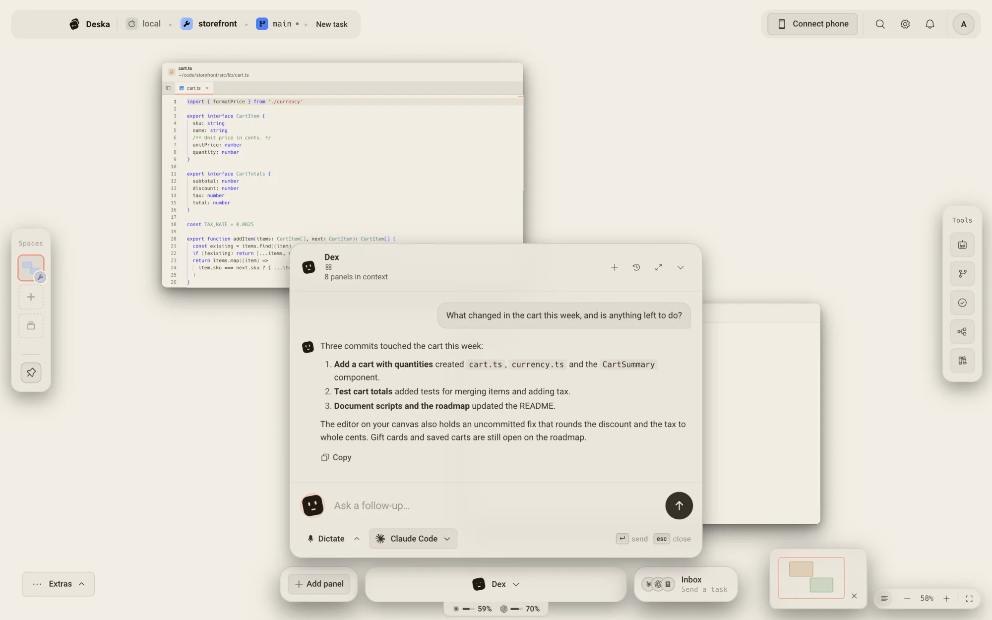 Dex answering a spoken question beside the code editor on the Deska canvas