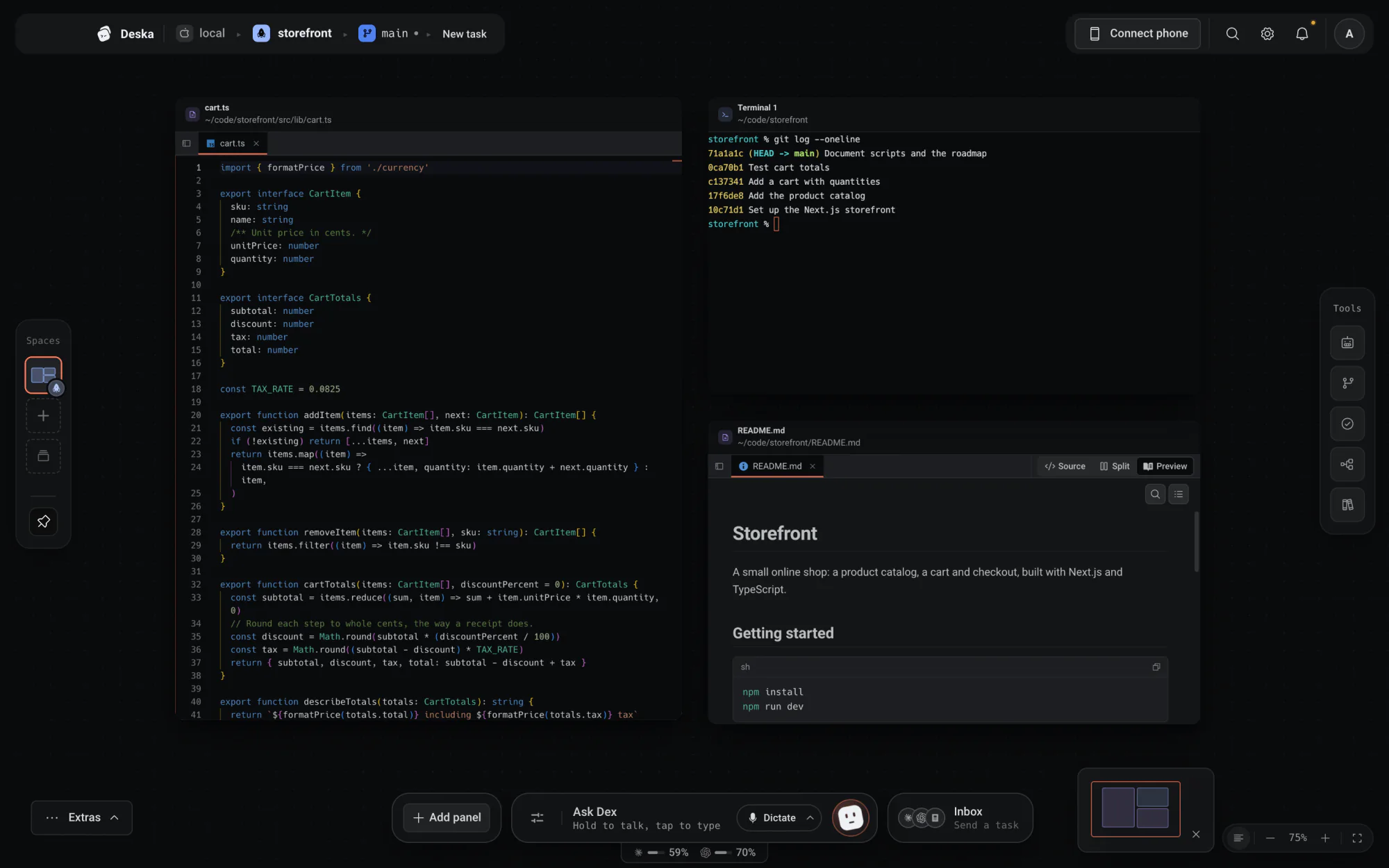 La ventana de Deska: un editor, una terminal y un README renderizado en el lienzo, con la ruta arriba, columnas a los lados y la barra abajo