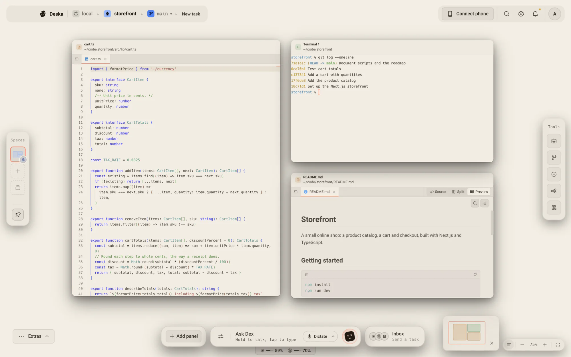 La ventana de Deska: un editor, una terminal y un README renderizado en el lienzo, con la ruta arriba, columnas a los lados y la barra abajo