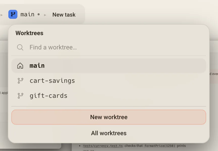 El selector de worktrees bajo la rama: main primero, luego cada worktree, con New worktree y All worktrees